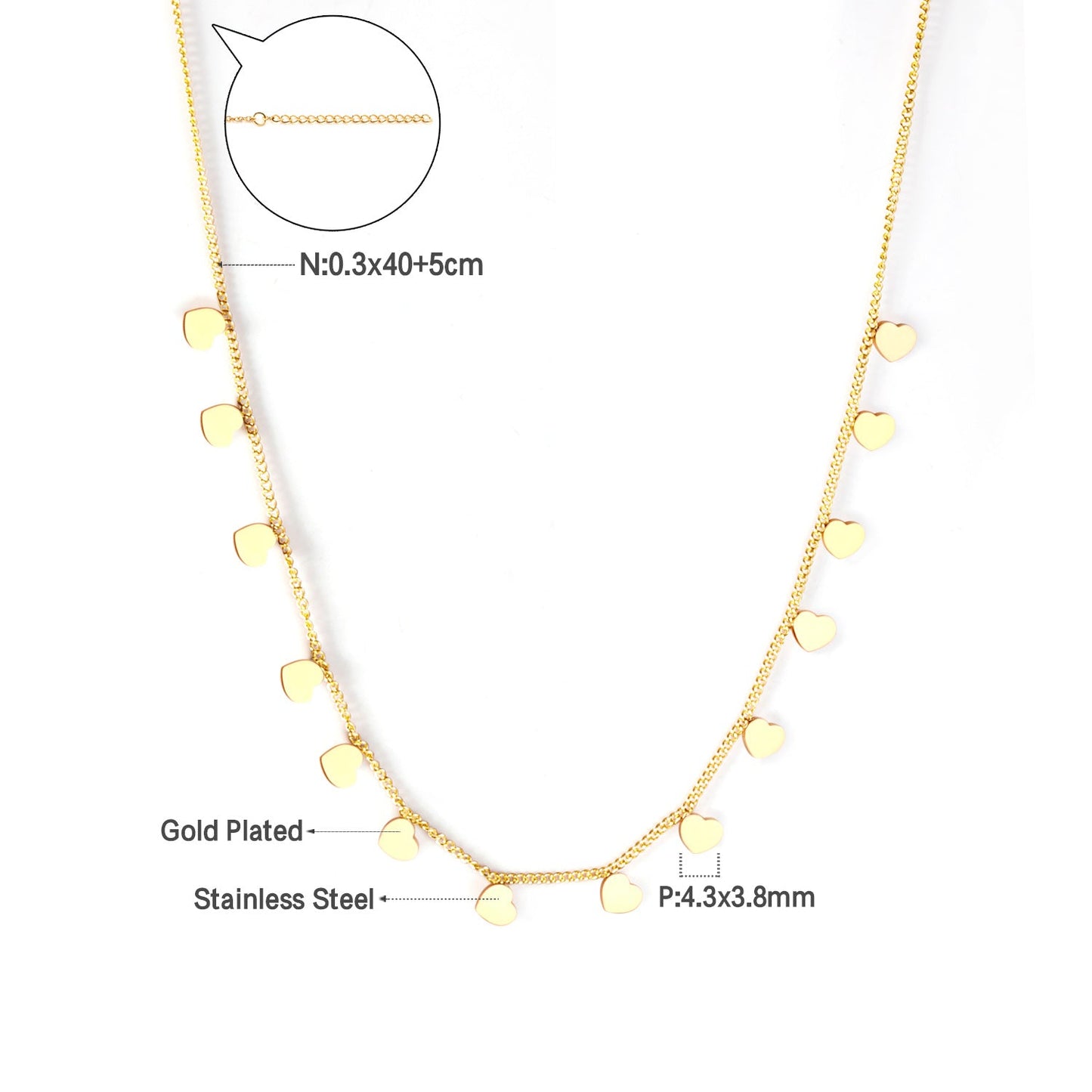 0.3 Side chain 40+5cm soldered 14pcs 4mm peach heart necklace gold & steel color glossy