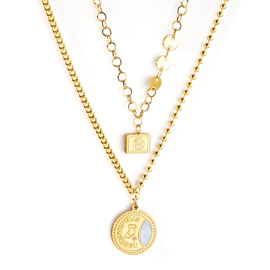 Rectangle+Round Pendant+Double Chain 45+43+5cm Golden
