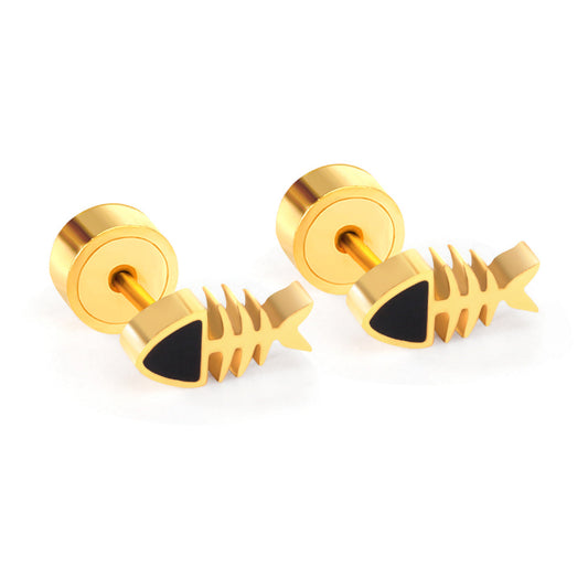 12 pairs Snapped Earplug Fishbone Stud Earrings Steel/Gold