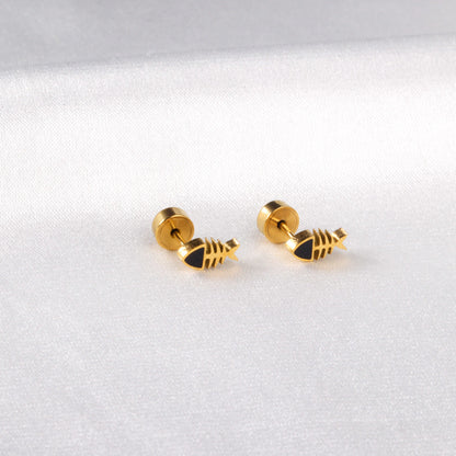 12 pairs Snapped Earplug Fishbone Stud Earrings Steel/Gold