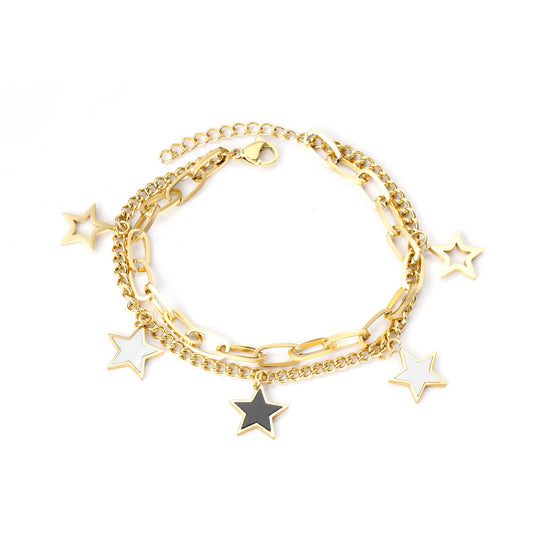 14K Double Chain Pentagram Black Shell with White Shell Bracelet Steel Color 17+3cm