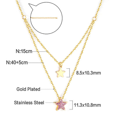 1 glossy star + 1 pink diamond star pendant + double chain 40+15+5cm
