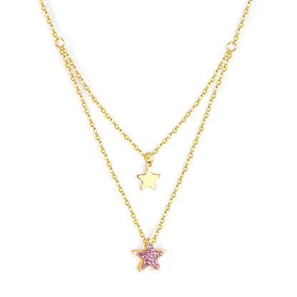 1 glossy star + 1 pink diamond star pendant + double chain 40+15+5cm