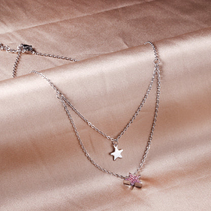 1 glossy star + 1 pink diamond star pendant + double chain 40+15+5cm
