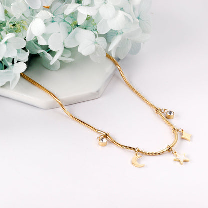 2 round diamonds + 1 moon + 1 star + 1 diamond accessories pendant necklace 40+5cm