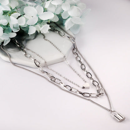 1 heart + 1 lock accessory pendant triple chain 50+43+40+5cm steel color