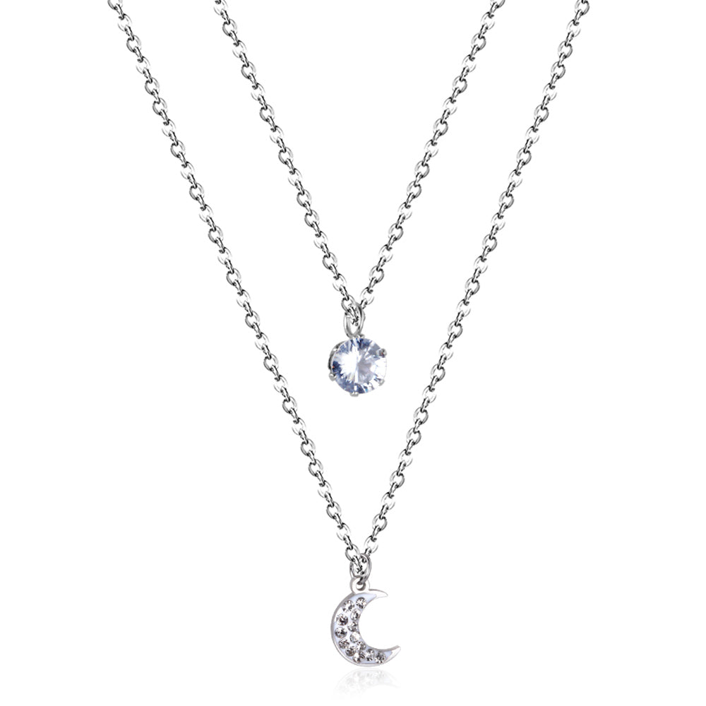 Moon pendant with diamonds double chain 45+40+5cm steel color