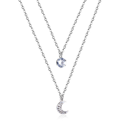 Moon pendant with diamonds double chain 45+40+5cm steel color
