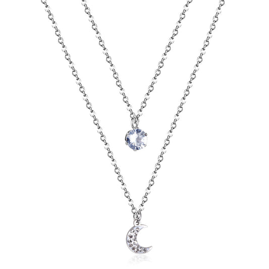 Moon pendant with diamonds double chain 45+40+5cm steel color