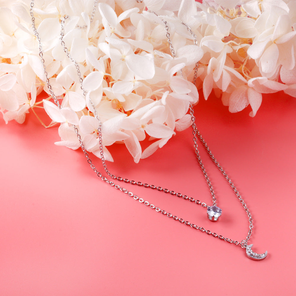 Moon pendant with diamonds double chain 45+40+5cm steel color