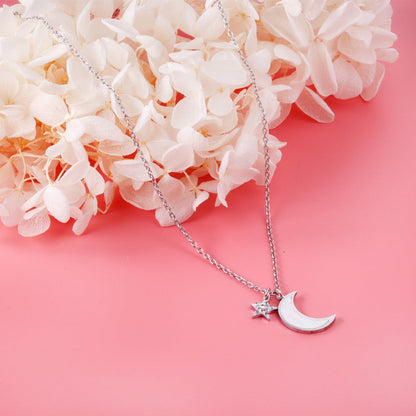 Star with Diamonds + Moon with White Shell Pendant Necklace 45+5cm Steel Color