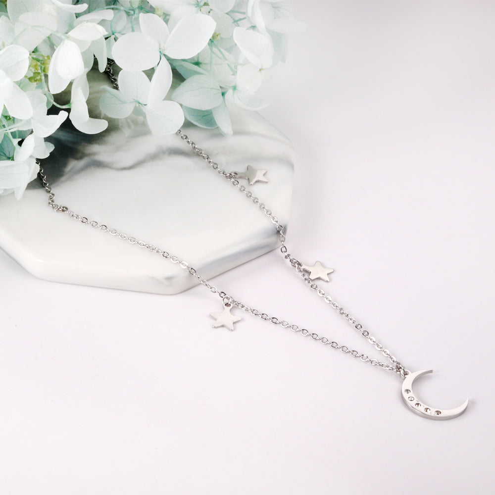 3 stars + moon pendant necklace with diamonds 40+5cm steel color