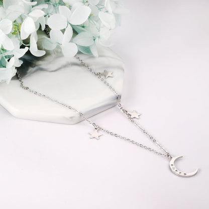 3 stars + moon pendant necklace with diamonds 40+5cm steel color