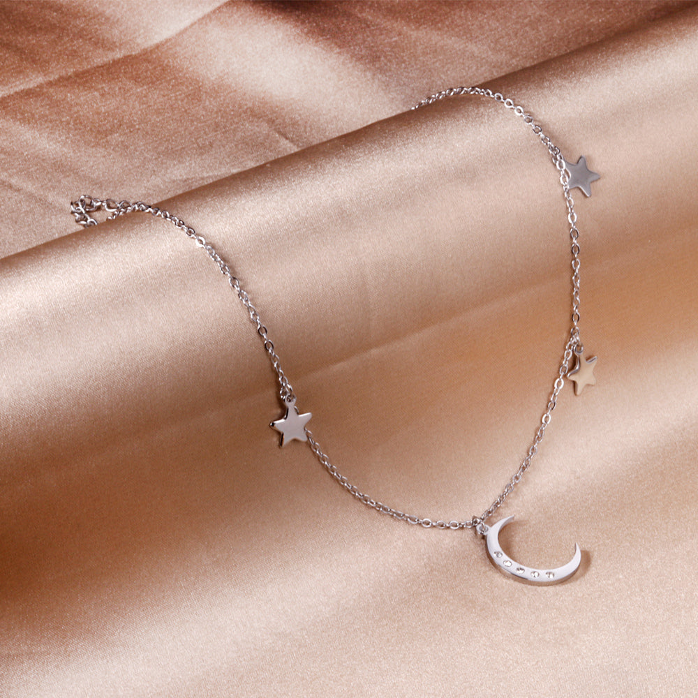 3 stars + moon pendant necklace with diamonds 40+5cm steel color