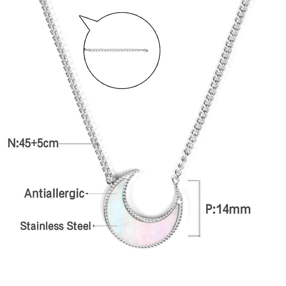 Moon with white shell pendant necklace 45+5cm steel color