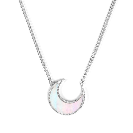 Moon with white shell pendant necklace 45+5cm steel color
