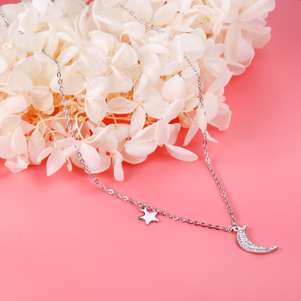Star + Moon Pendant Necklace with Diamonds 40+5cm Steel Color