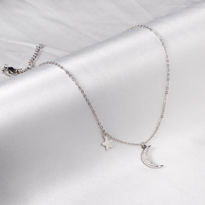 Star + Moon Pendant Necklace with Diamonds 40+5cm Steel Color
