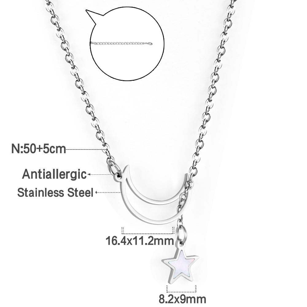 Star with white shell + moon pendant necklace 50+5cm steel color