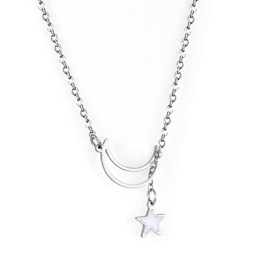 Star with white shell + moon pendant necklace 50+5cm steel color
