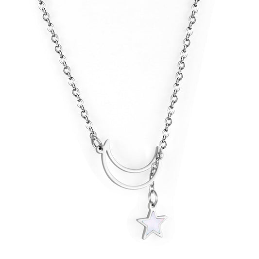 Star with white shell + moon pendant necklace 50+5cm steel color