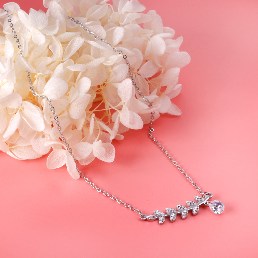 Leaves with diamonds pendant necklace 40+5cm steel color