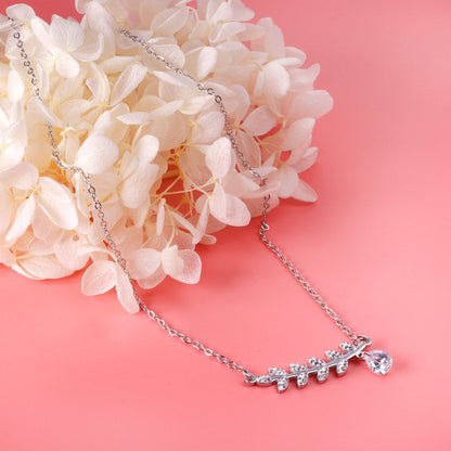 Leaves with diamonds pendant necklace 40+5cm steel color