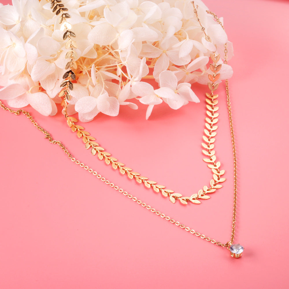 Leaf Accessory + Round Diamond Pendant Double Necklace 42+37+5cm Gold color