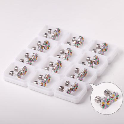 12 pairs 9mm Steel/Golden Flower Colorful/Dark Red Pat Plug Earrings