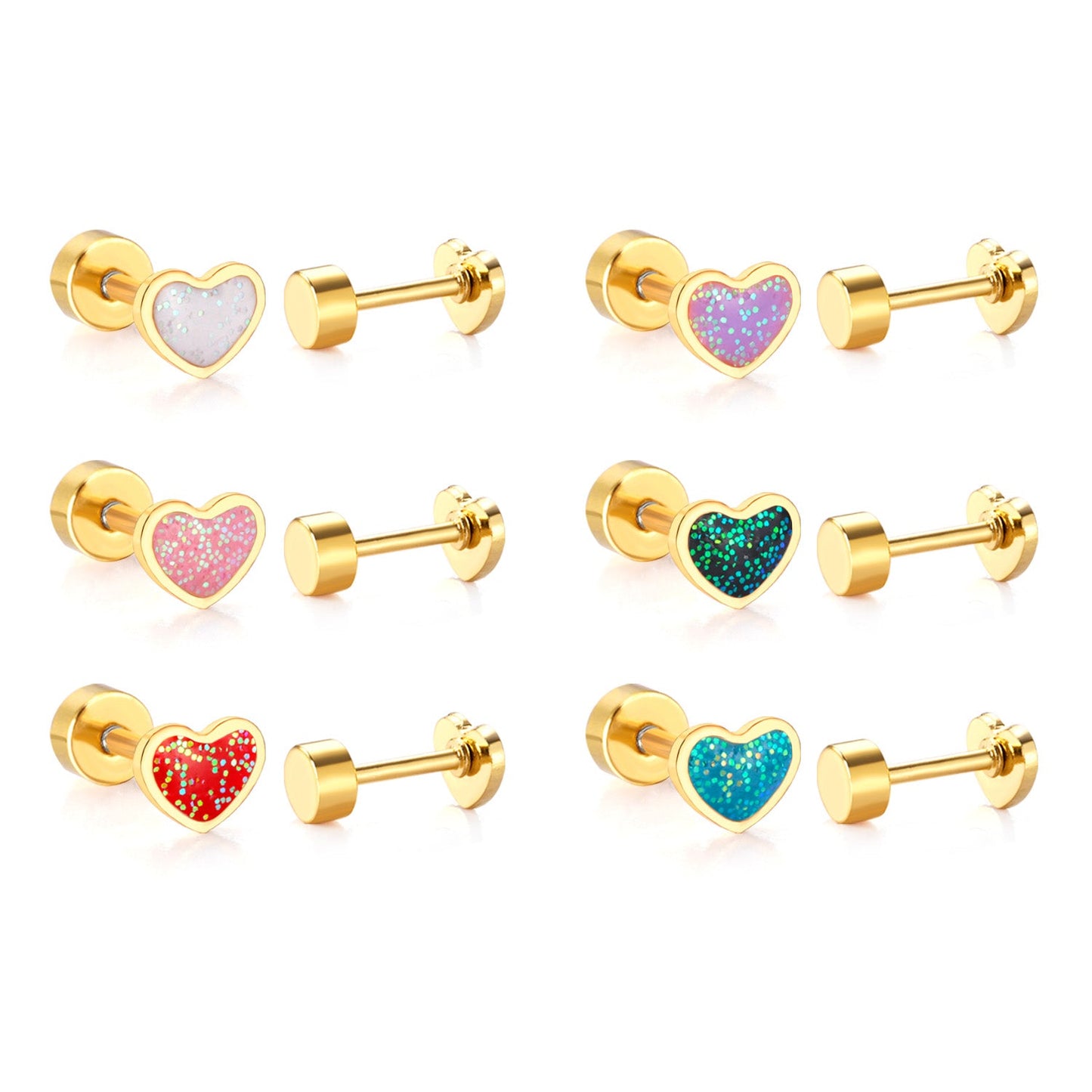 12 pairs 4mm round cake + 6 * 5mm peach drop glitter powder oil mix 6 colors earrings steel / gold