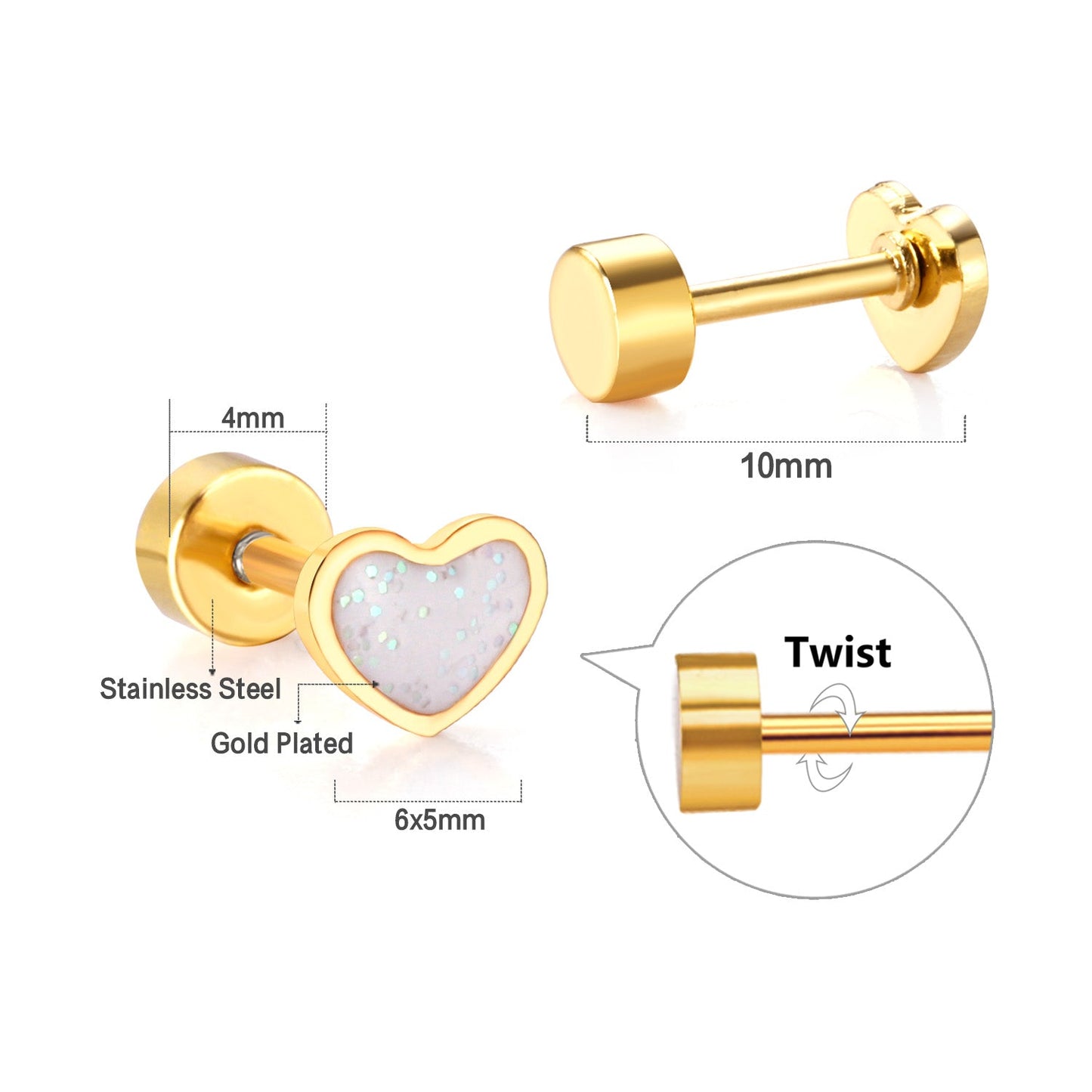 12 pairs 4mm round cake + 6 * 5mm peach drop glitter powder oil mix 6 colors earrings steel / gold