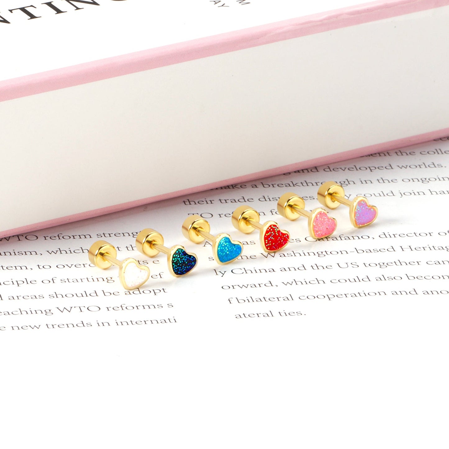 12 pairs 4mm round cake + 6 * 5mm peach drop glitter powder oil mix 6 colors earrings steel / gold