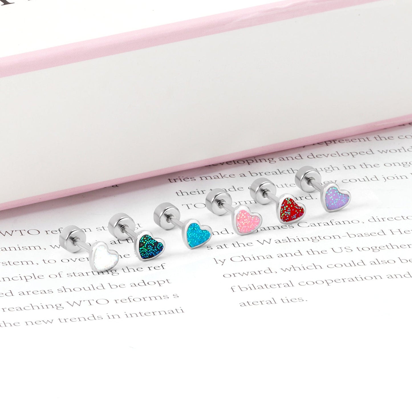 12 pairs 4mm round cake + 6 * 5mm peach drop glitter powder oil mix 6 colors earrings steel / gold