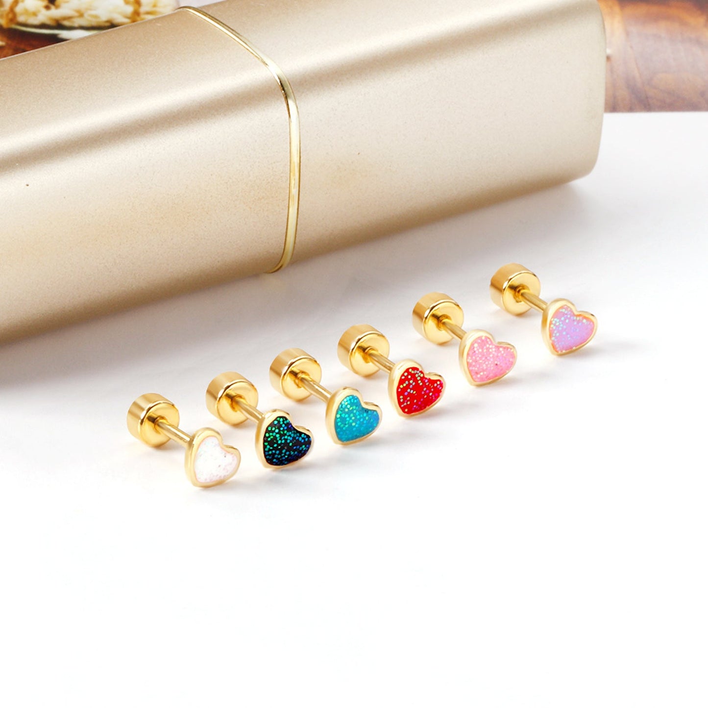 12 pairs 4mm round cake + 6 * 5mm peach drop glitter powder oil mix 6 colors earrings steel / gold