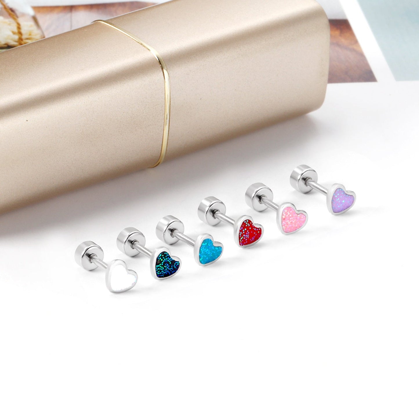 12 pairs 4mm round cake + 6 * 5mm peach drop glitter powder oil mix 6 colors earrings steel / gold