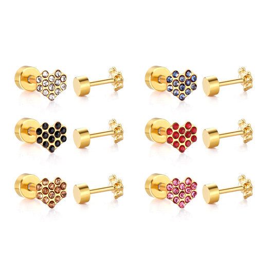 12 pairs 4mm round cake +6*5mm multi diamond peach heart mixed 6 colors earrings steel/golden