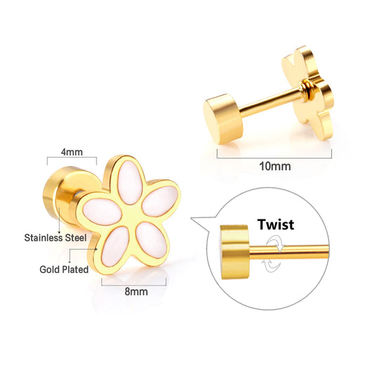 12 pairs 4mm round cake + 8mm cherry blossom mixed 6 colors studs steel / gold