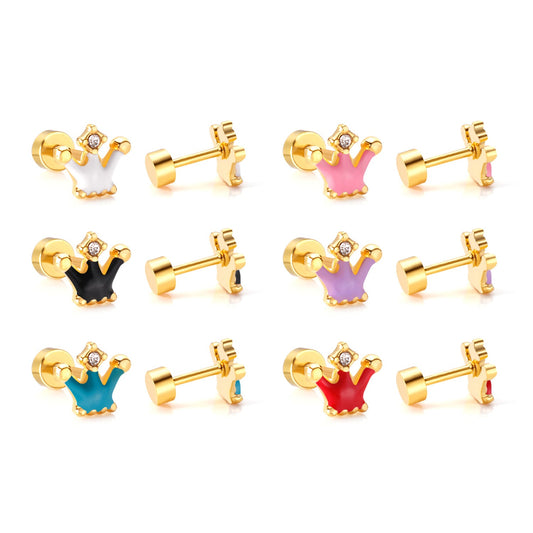 12 pairs 4mm round cake +8*7mm crown mix 6 colors studs steel/golden