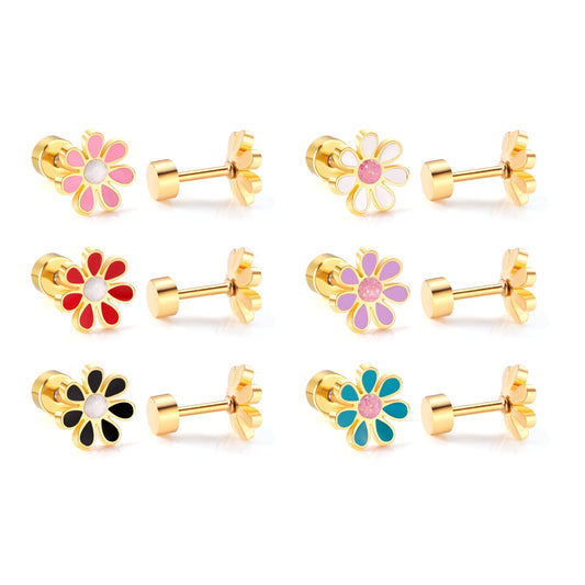 12 pairs of 4mm round cake + 8mm chrysanthemum mix 6 colors set of earrings steel / gold