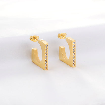 Stainless Steel C-shaped with Diamonds Hoop Earrings