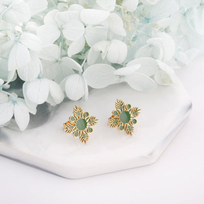 Stainless Steel Green Snowflake Stud Earrings