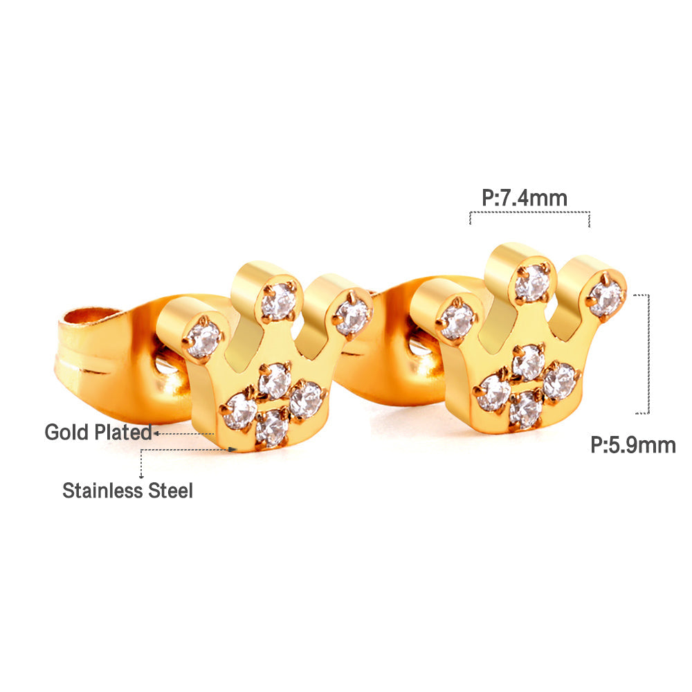 Stainless Steel Crown Shape with Diamonds Stud Earrings