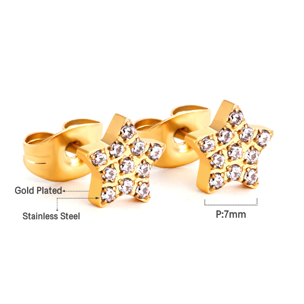 6.8mm Pentagram with CNC White Zirconia Stud Earrings Steel/Gold