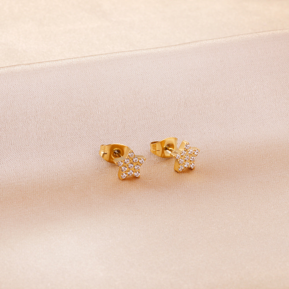 6.8mm Pentagram with CNC White Zirconia Stud Earrings Steel/Gold