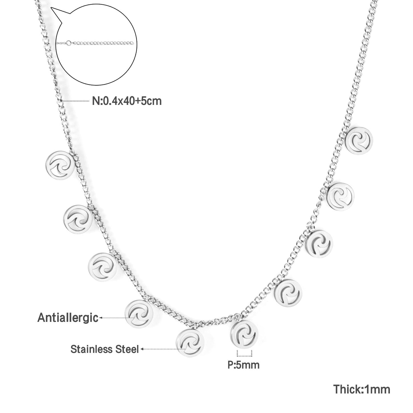 0.4 Side Chain 40+5cm Necklace with 10 5mm rounds in polished finish