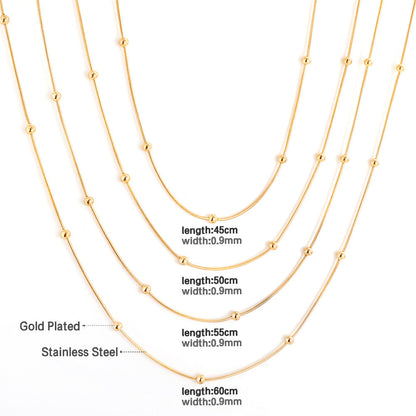 ASON 10pcs/bulk long necklace collar 0.9mm*45cm round snake with 3.0mm beads with chain Steel Color & Gold Color Stainless Steel Necklace Wholesale