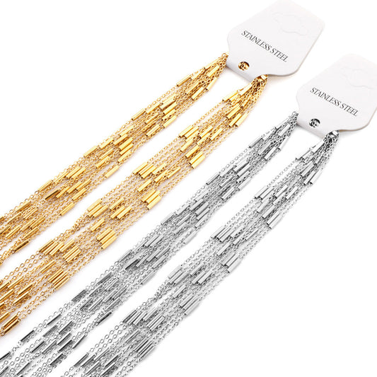 ASON 10pcs/bulk long necklace collar 0.4mm*45cm flat cross with steel tube matching chain steel color & gold stainless steel necklace wholesale