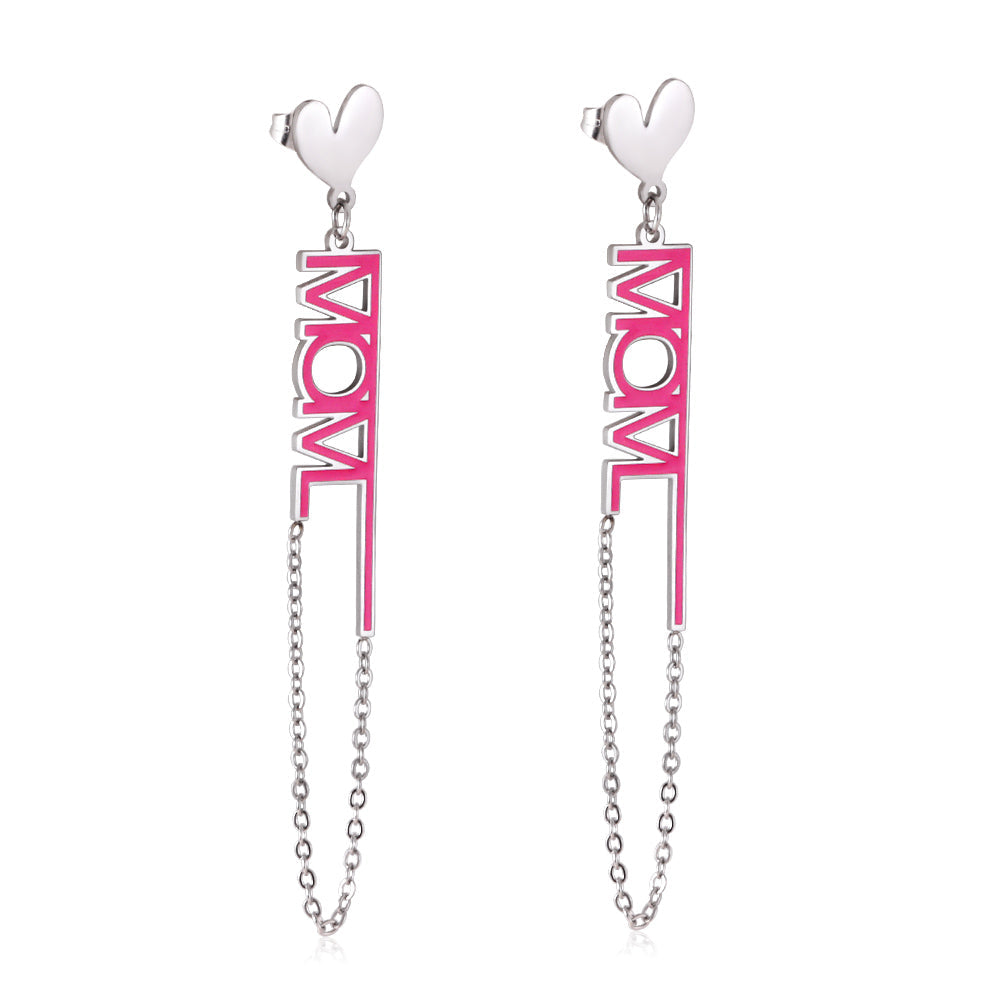 Heart-shaped+MOM Rose Red With Chain Stud Earrings