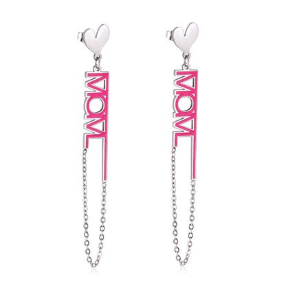 Heart-shaped+MOM Rose Red With Chain Stud Earrings