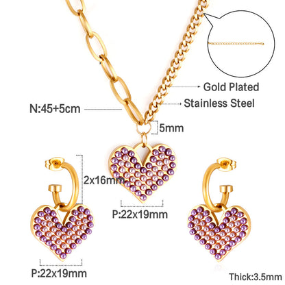 Purple Mix White Pearl Heart-shaped Enamel Girls Kids Jewelry Set